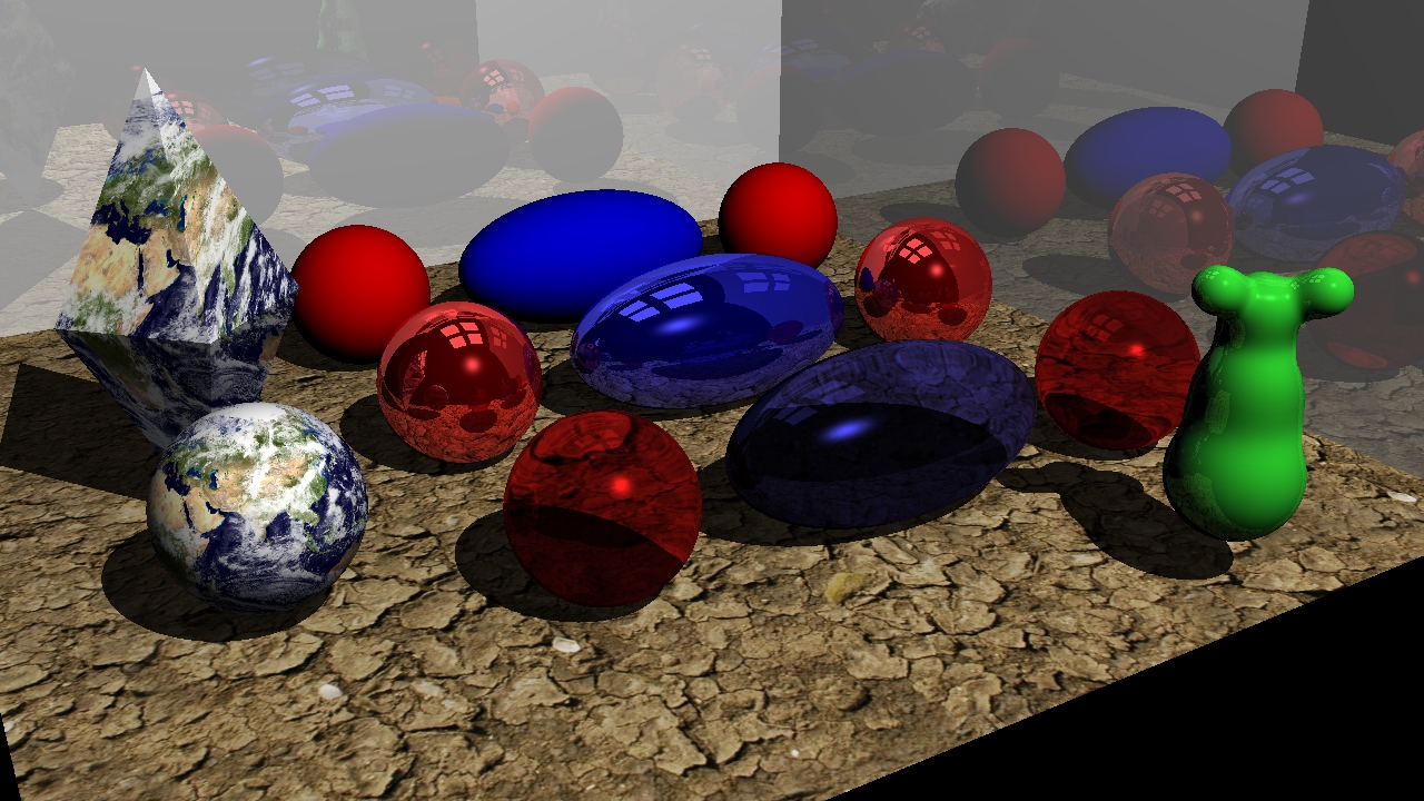 A preview scene rendered by Raygun, including various 3D shapes, texturing, lighting, and shadows.